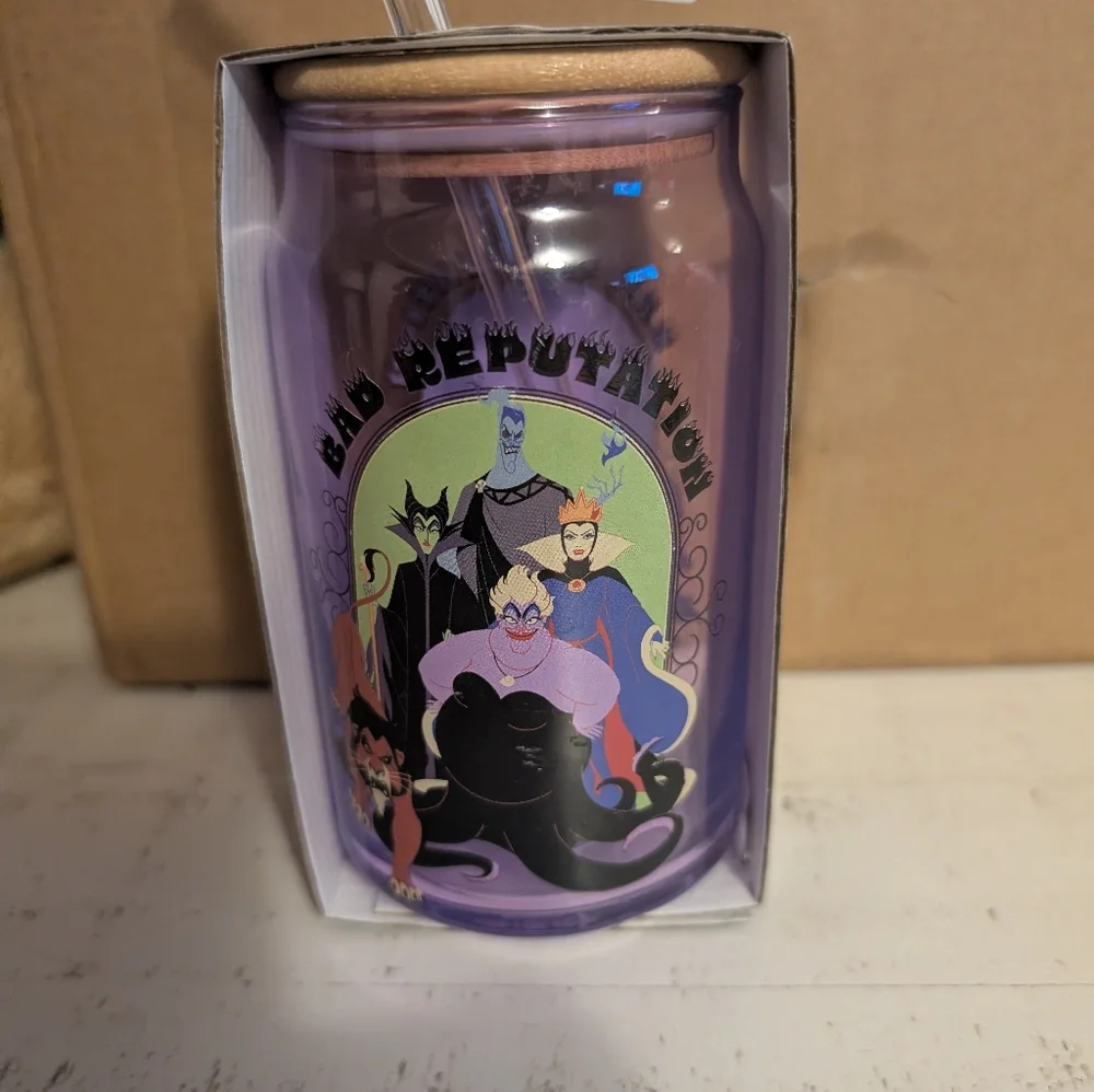 New 16oz Disney Villains  Purple Glass Sipper Tumbler, Bamboo Lid, Straw
